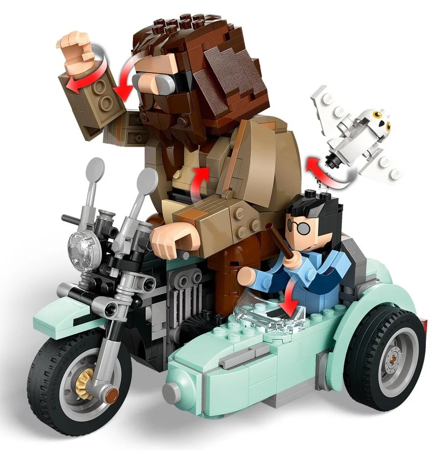 Zestaw Lego: Hagrid i Harry na motocyklu z bocznym wózkiem. Zawiera Hedwigę, sowę. Zestaw jest w kolorach jasnozielonym i brązowym.