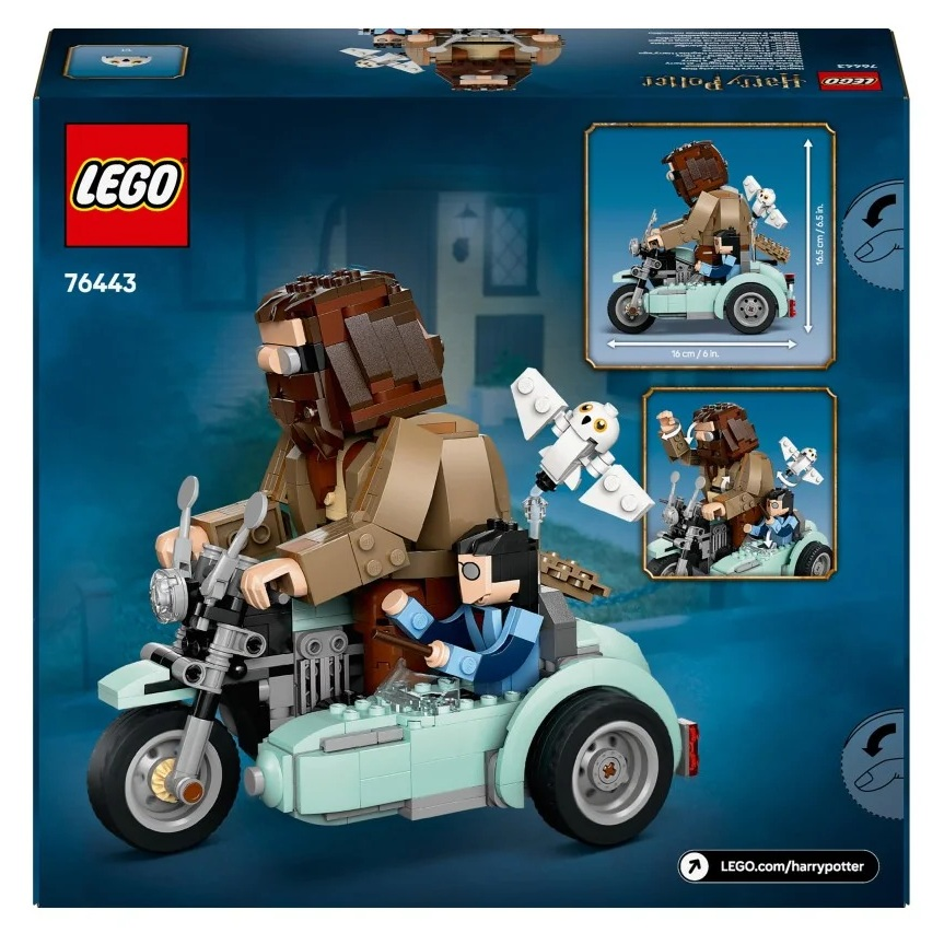 Pudełko zestawu LEGO z bocznym wózkiem motocyklowym. Główny obrazek przedstawia dużą postać jadącą z mniejszą postacią i sową.