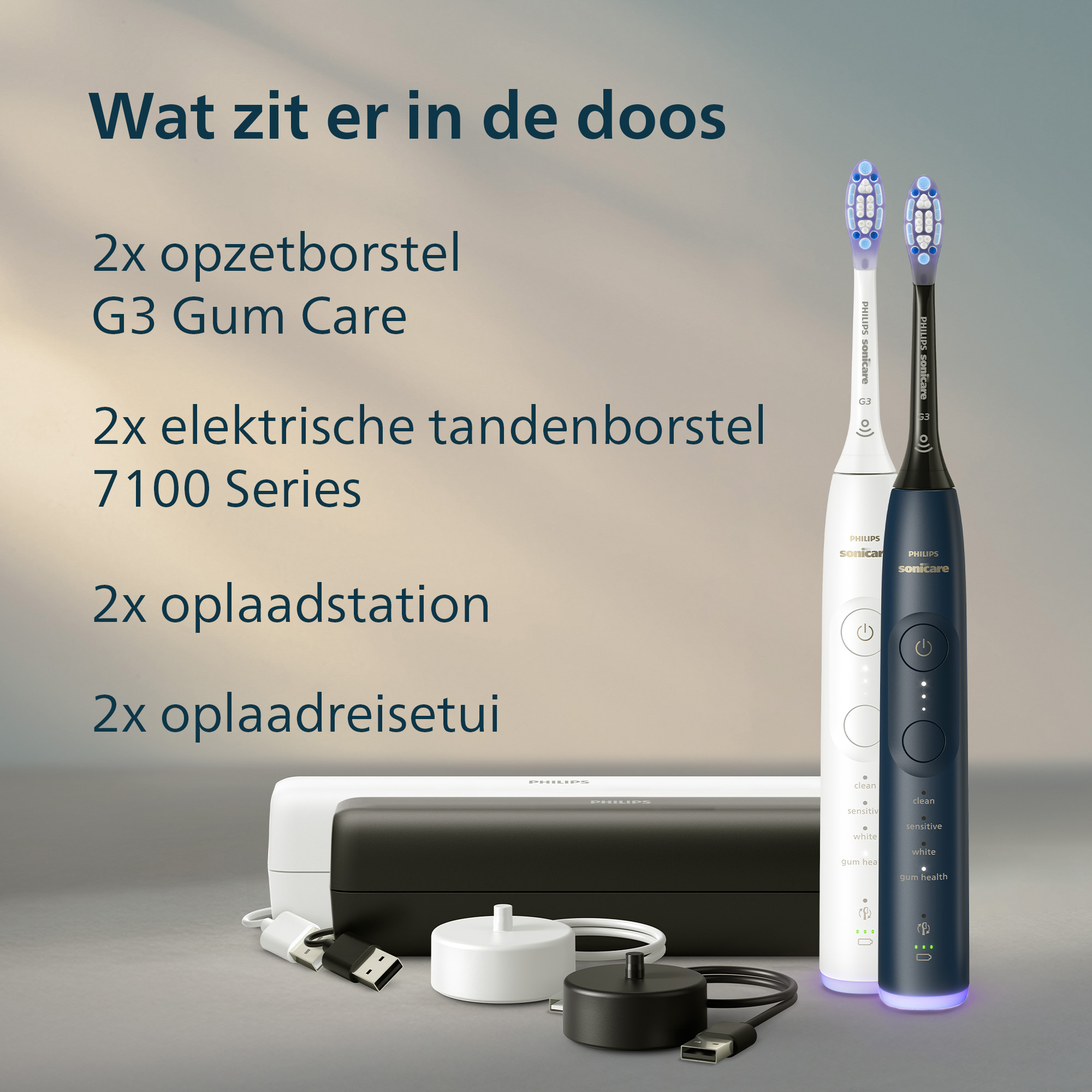 Image shows two Philips Sonicare electric toothbrushes, charging stations, brush heads, and travel cases. Text details contents.