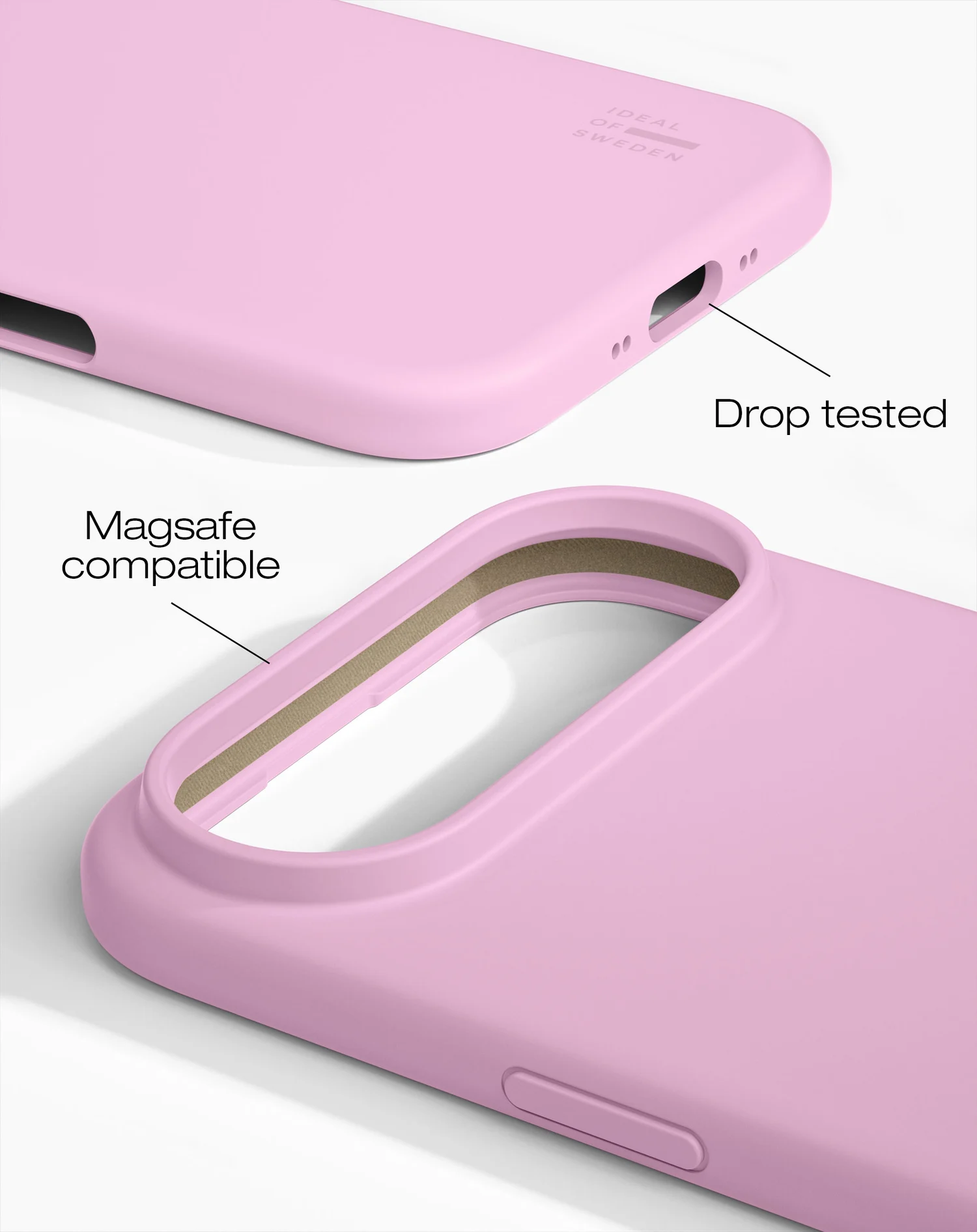 Rózsaszín telefontok részlete. Csepptesztet és Magsafe kompatibilitást mutat. Az Ideal of Sweden logója látható.
