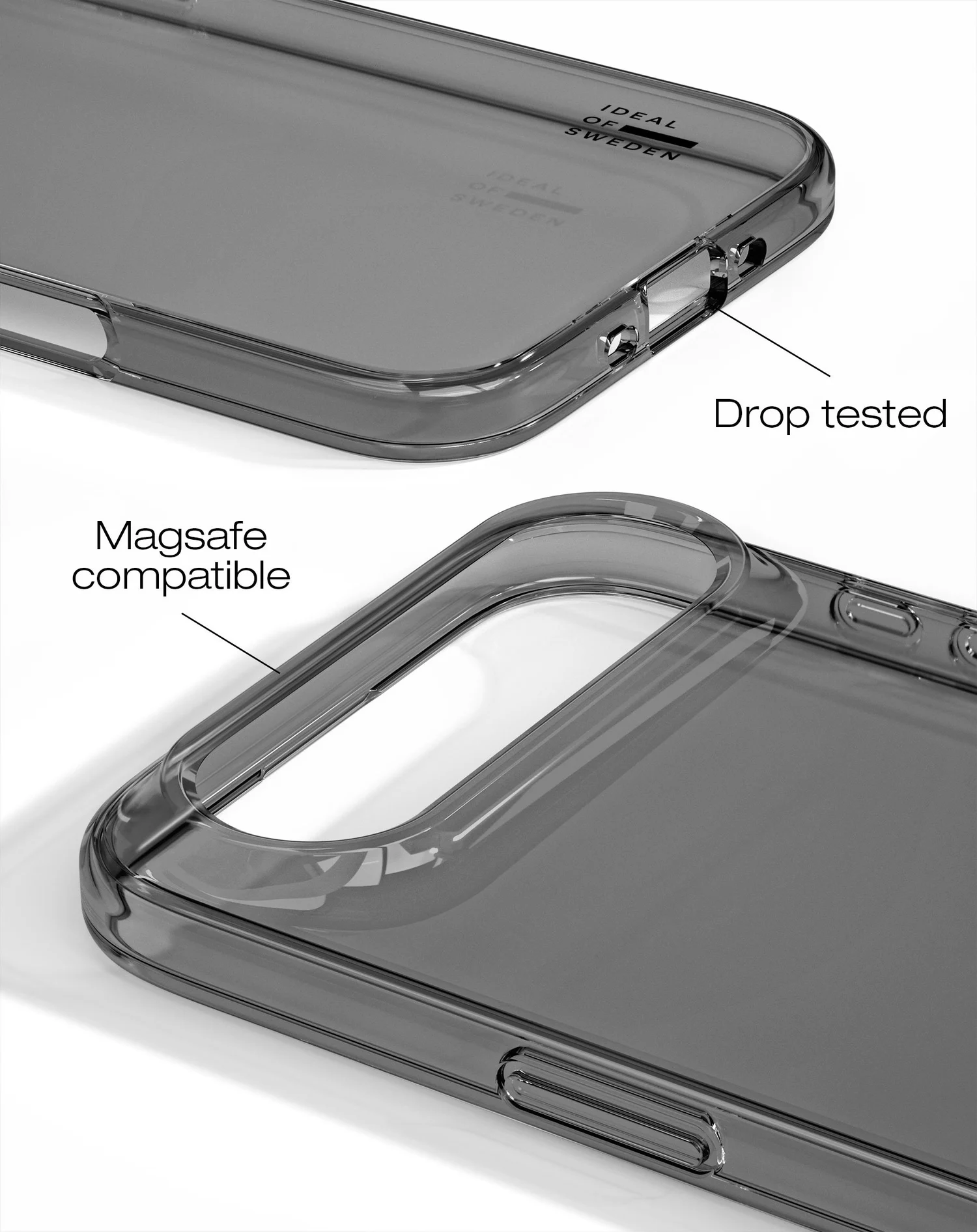 Két átlátszó szürke telefontok, melyen 'Ideal of Sweden', 'Drop tested' és 'Magsafe compatible' feliratok láthatók.