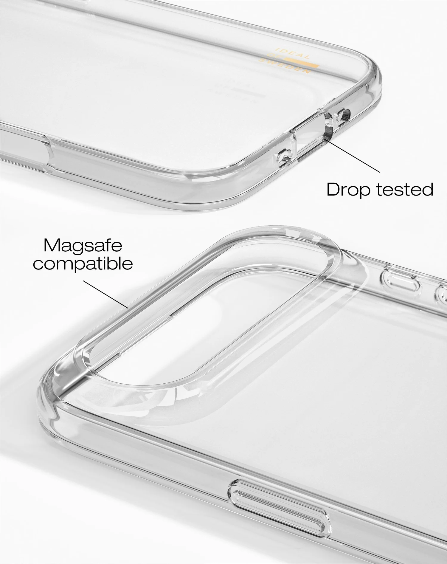 Átlátszó telefontok részei, 'Drop tested' és 'Magsafe compatible' feliratokkal.