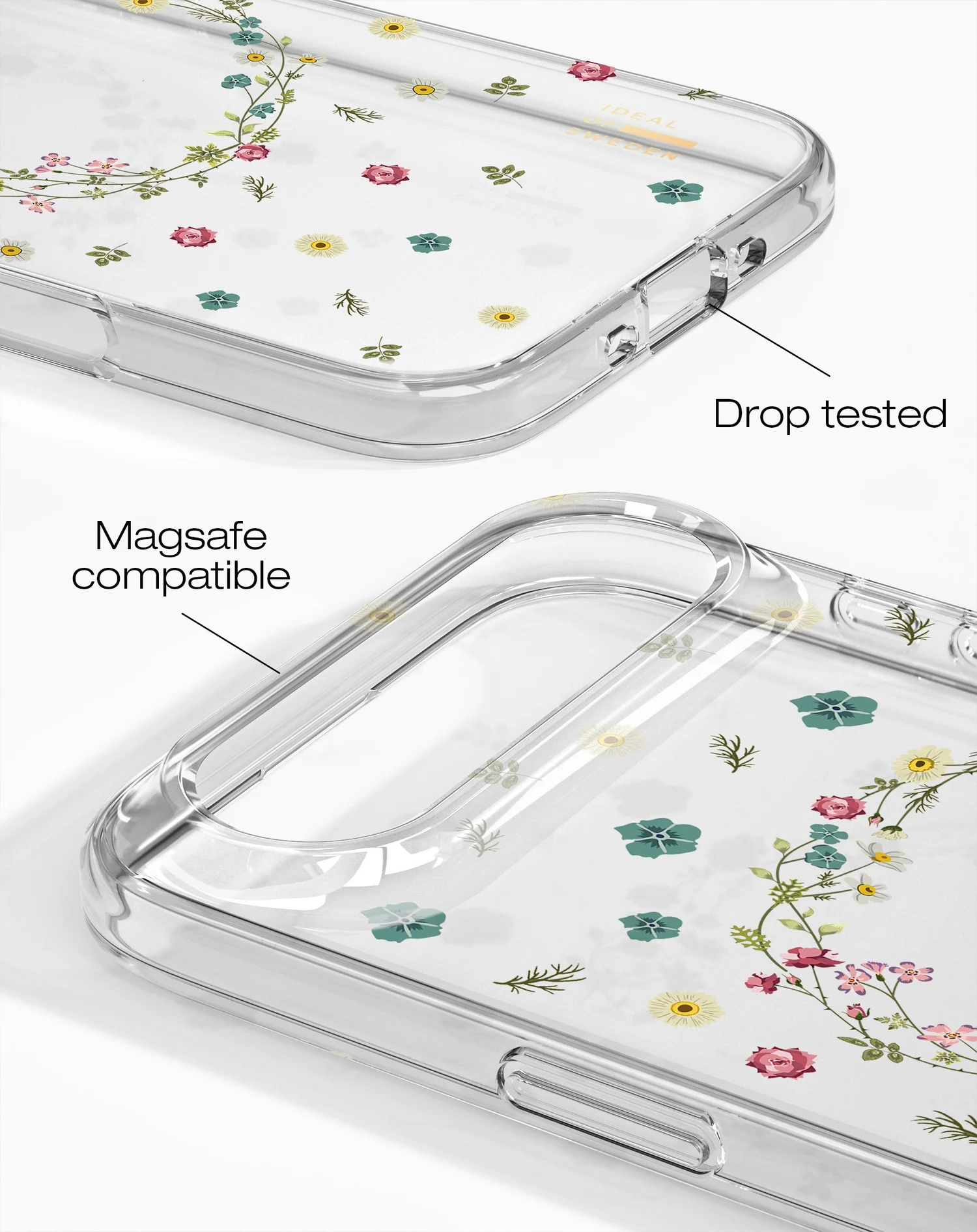 Átlátszó telefontok virágmintával, rózsa- és százszorszép mintákkal. Felirat: Magsafe kompatibilis, csepptesztelt.