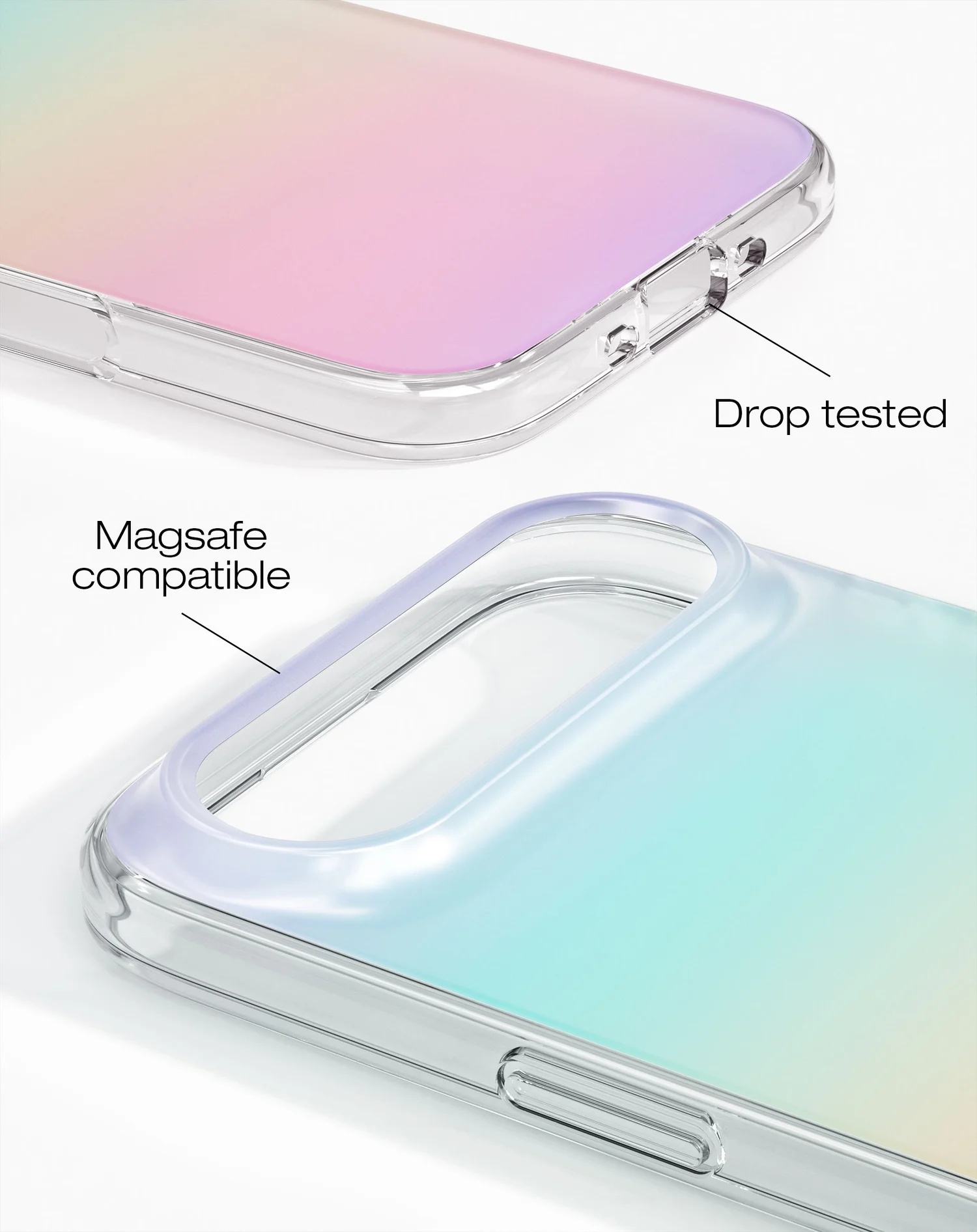 Két telefontok közeli képe, egy rózsaszín és egy kék. Cseppteszteltek és MagSafe-kompatibilisek.