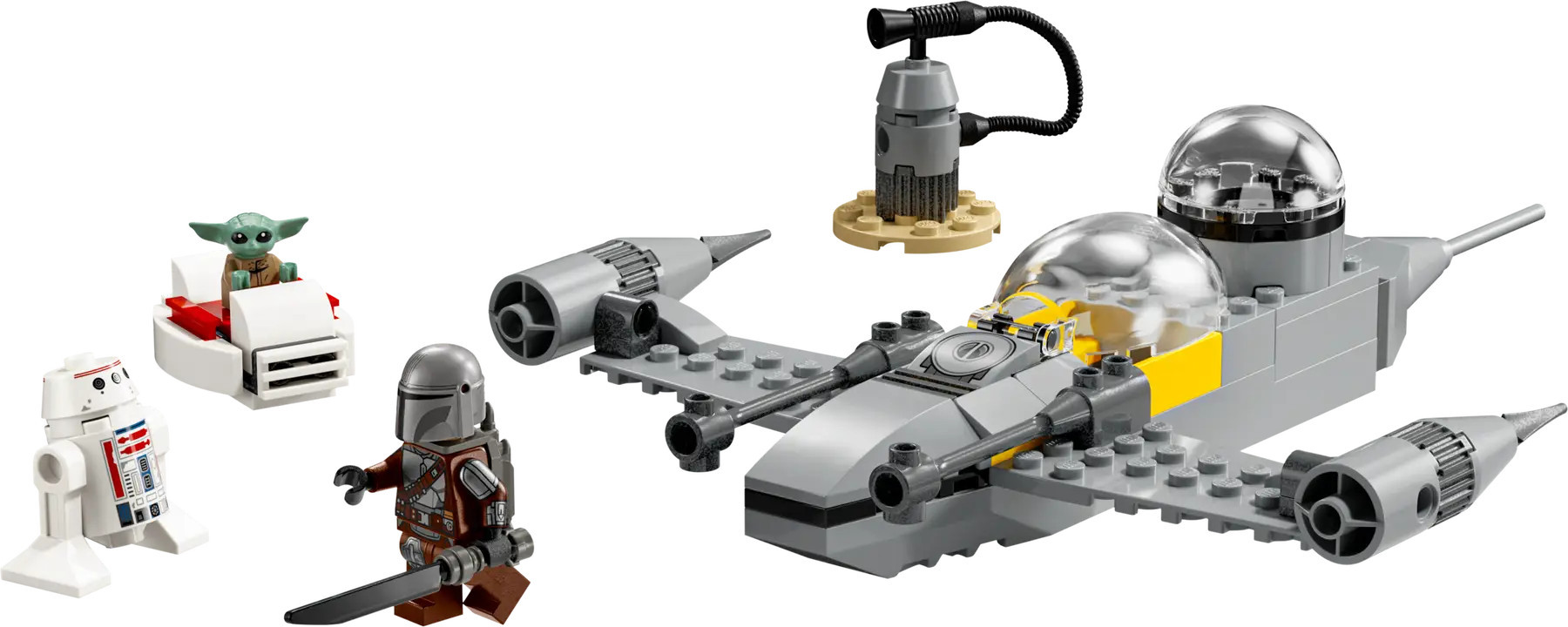 Zestaw Lego Star Wars z szarym statkiem kosmicznym, Grogu, Mandalorianinem, droidem i stacją ładowania.