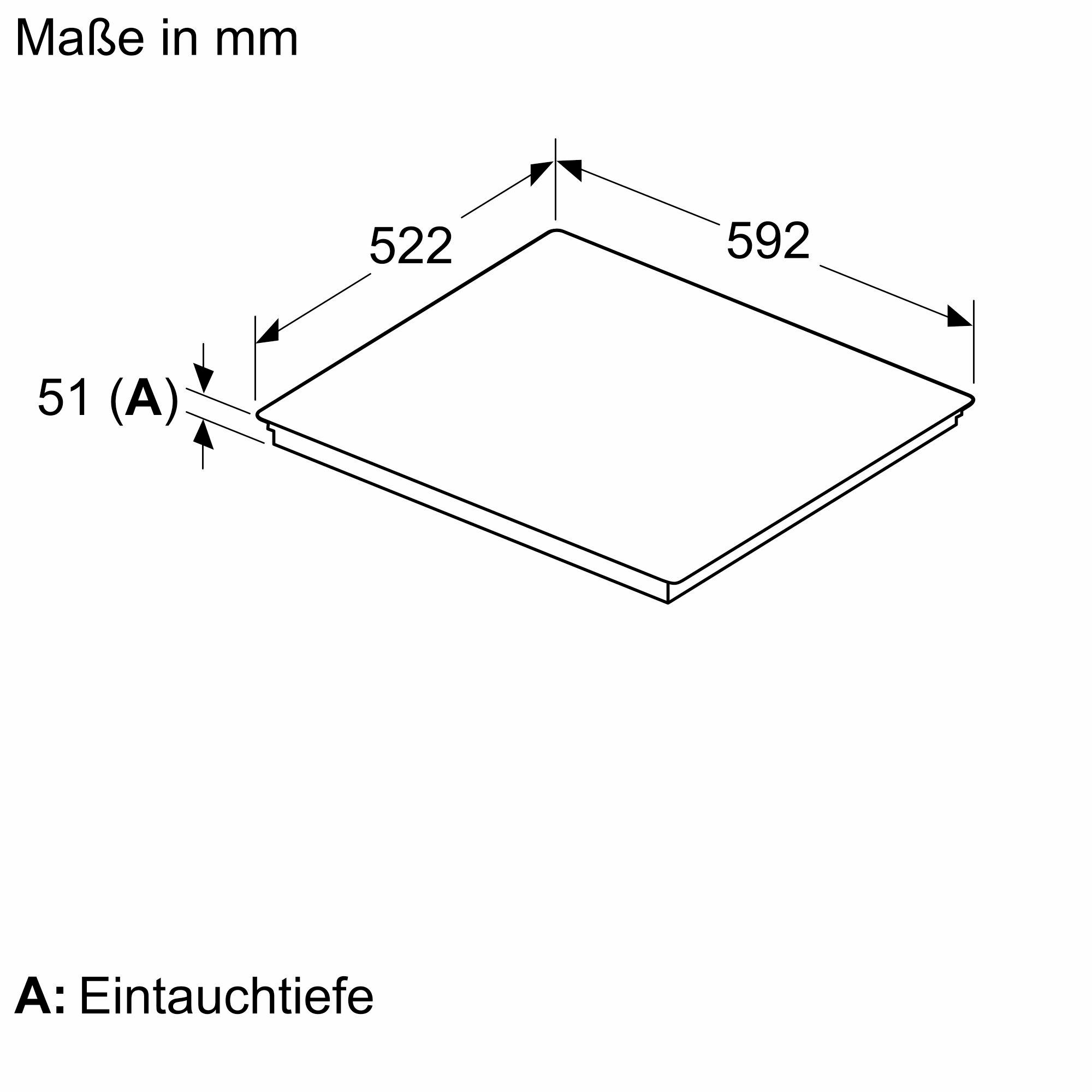 Diagramm mit Abmessungen eines rechteckigen Objekts. Es hat die Maße 592x522mm. Tiefe ist 51mm. Text: Maß in mm, A: Eintauchtiefe.