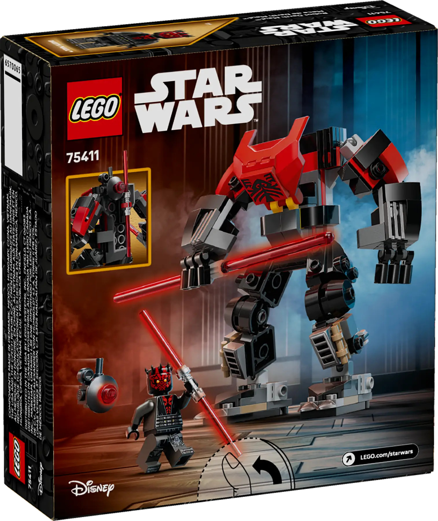 Pudełko zestawu Lego Star Wars. Zawiera czerwono-czarnego mecha, figurkę Darth Maula i mały statek. Obecne są logo Lego i Disney.