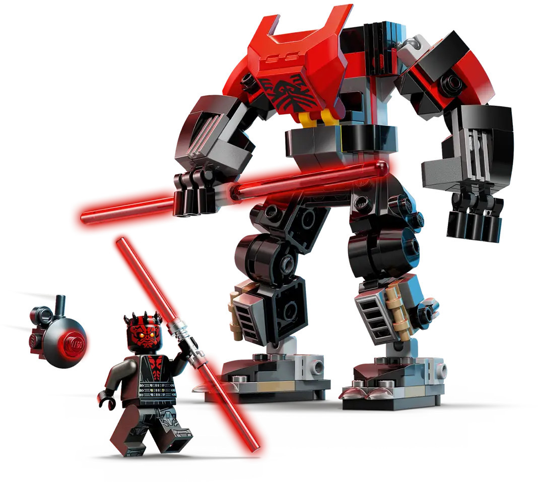 Zestaw Lego z czerwono-czarnym mechem, figurką Darth Maula i małym pojazdem. Darth Maul trzyma czerwony miecz świetlny.