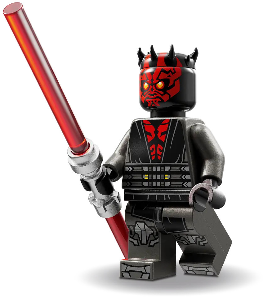 Figurka Lego Dartha Maula z czerwoną i czarną farbą na twarzy, trzymająca czerwony miecz świetlny. Tło jest białe.