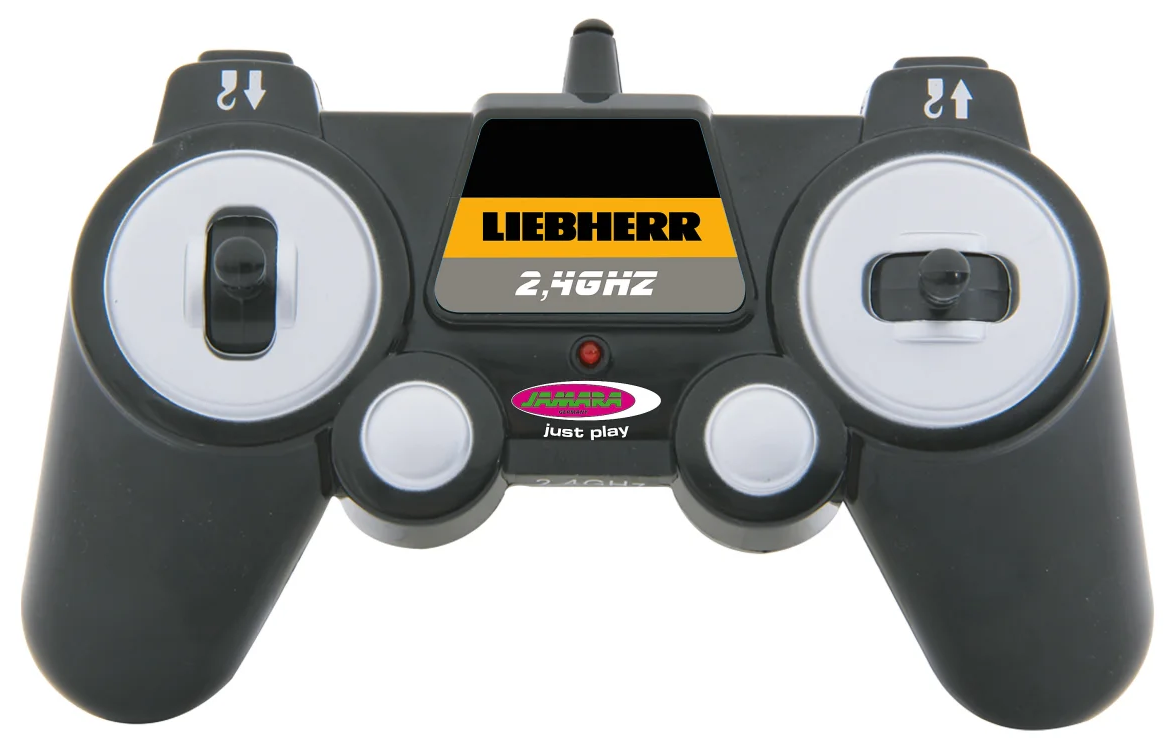 Fekete távirányító ezüst tárcsákkal és narancs/fekete LIEBHERR logóval. Piros fény és JAMARA 'just play' logó látható.