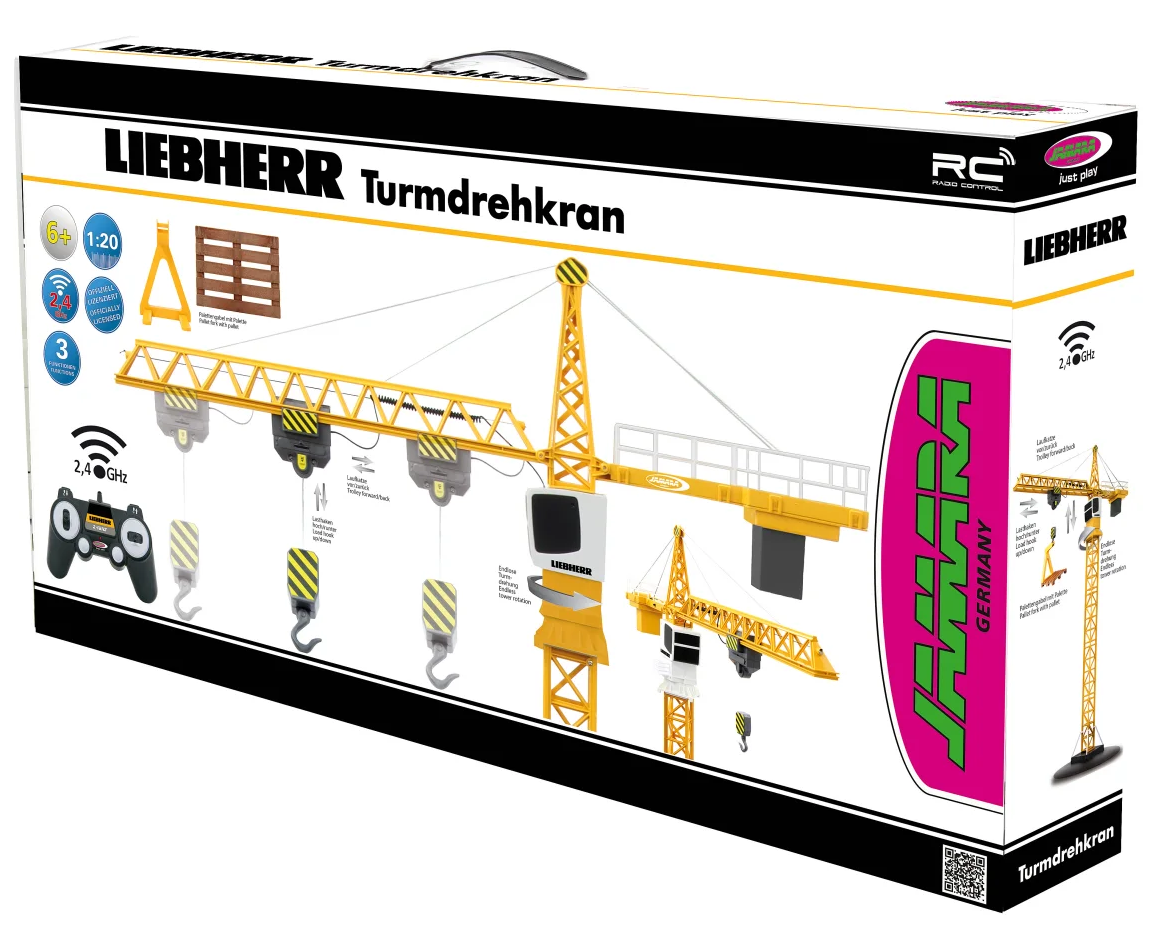 Egy Liebherr Turmdrehkran játék daru dobozának grafikája. Sárga, távirányítóval, rózsaszín-zöld Jamara Germany logóval.