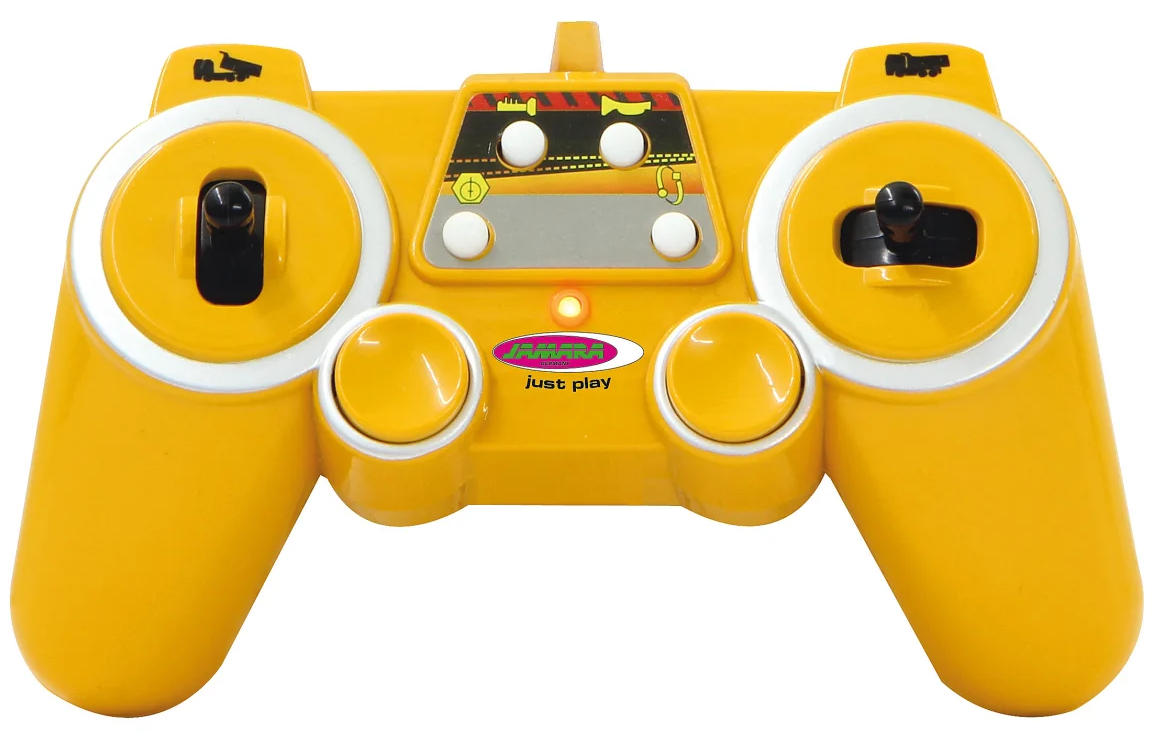 Sárga játék távirányító fekete joystickokkal és gombokkal. Ezüstös díszítések és egy 'just play' feliratú logó.