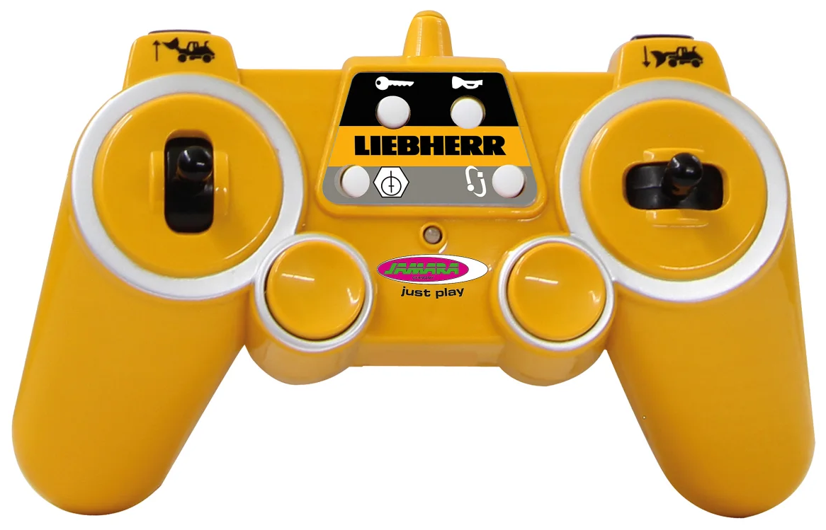 Sárga játék távirányító fekete joystickokkal és gombokkal. A LIEBHERR márkanevet és egyéb szimbólumokat tartalmaz.