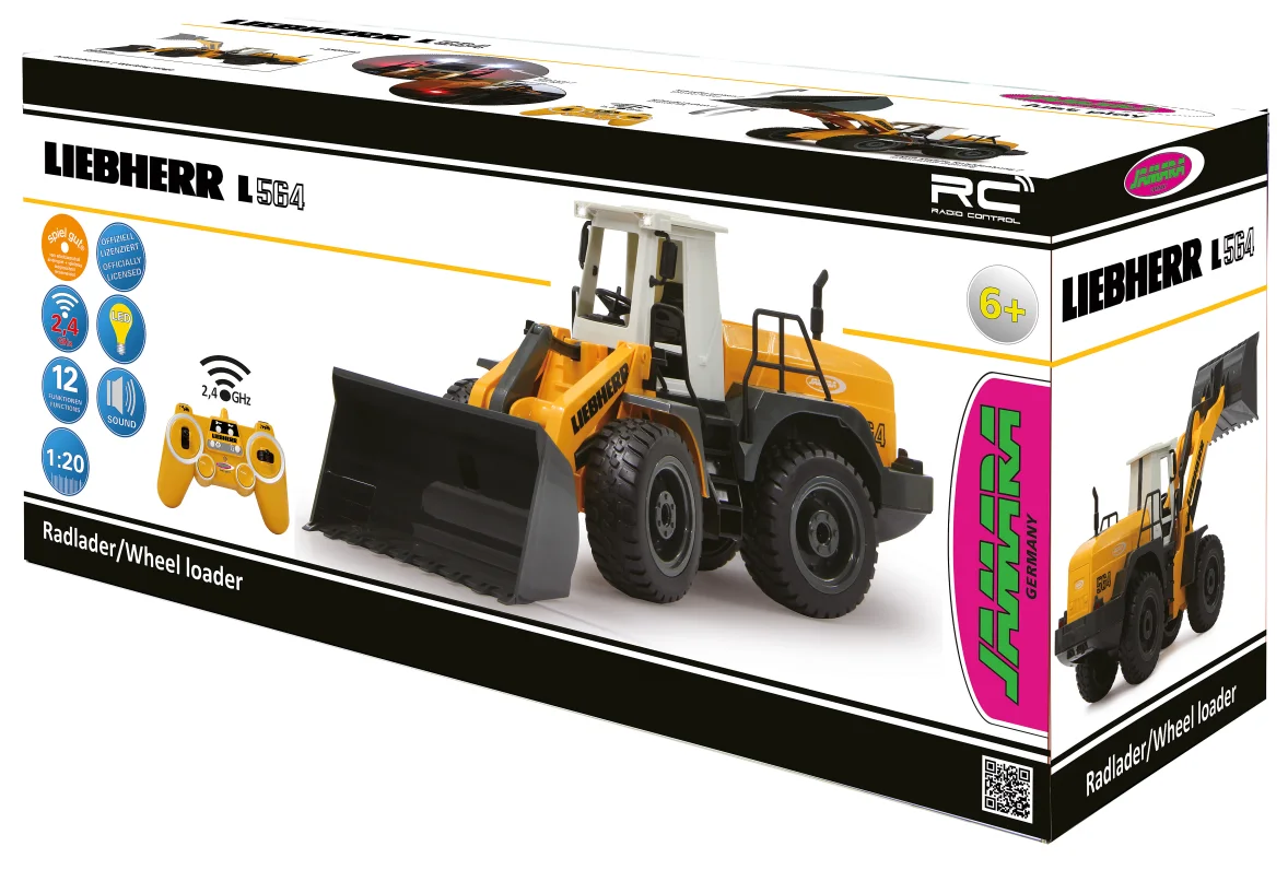 Egy Liebherr L564 kerekes rakodó játék dobozának grafikája. Sárga és fekete, távirányítóval, 6+ éves kortól.