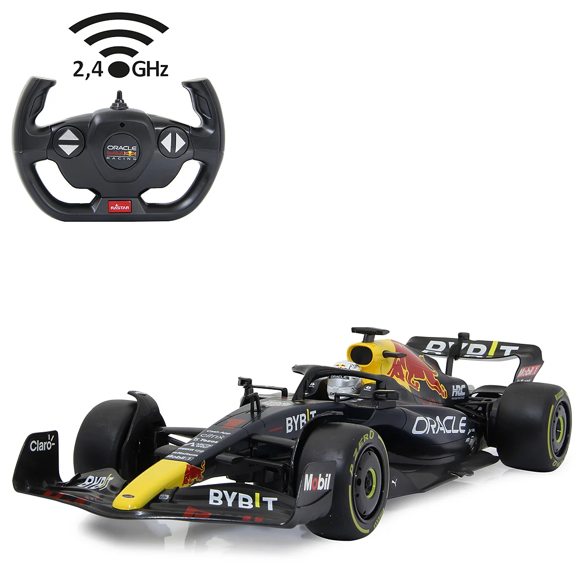 Egy Red Bull Formula 1 játékautó távirányítóval. Az autó fekete, sárga és piros. A távirányító fekete.
