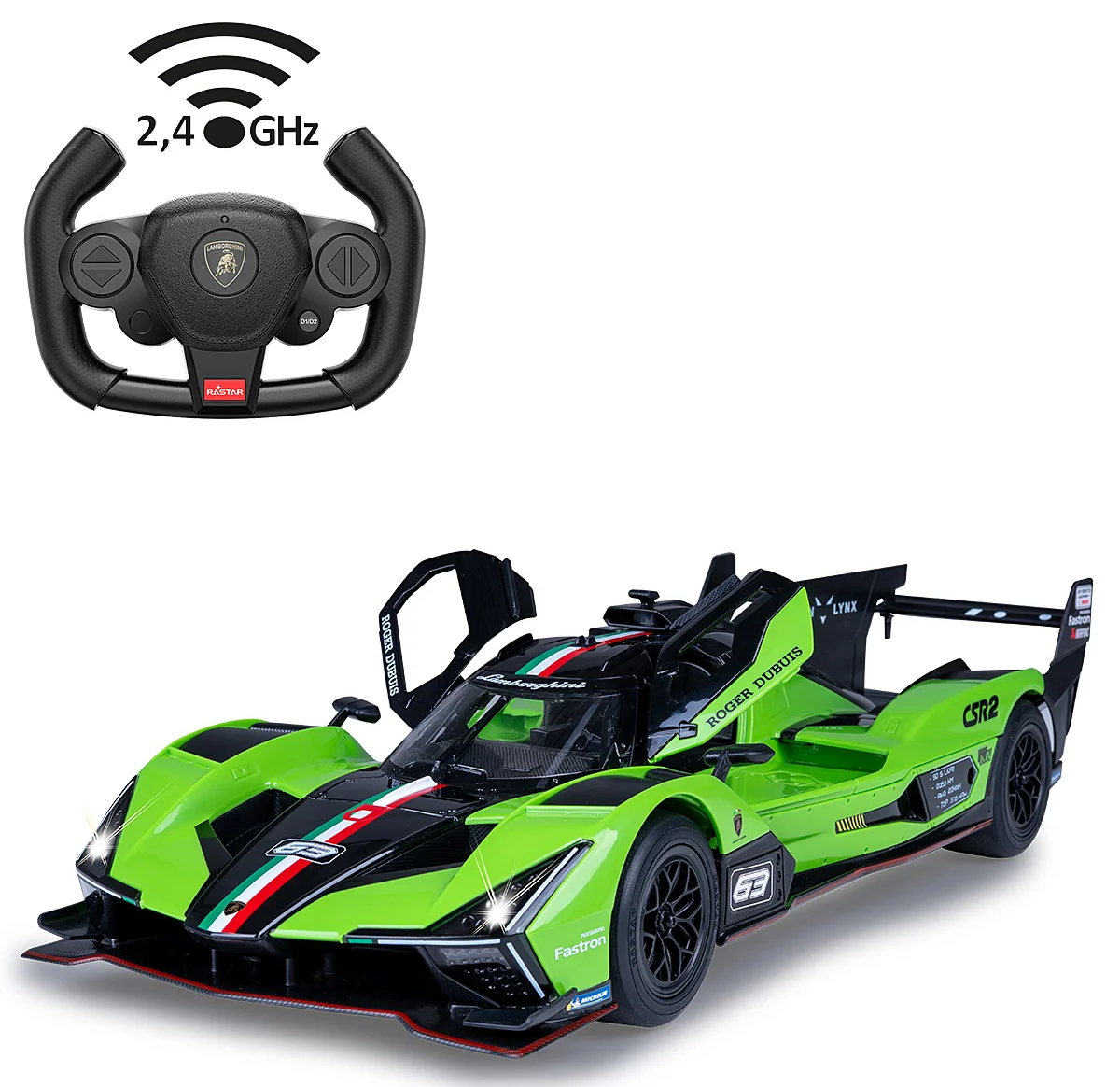Zöld és fekete Lamborghini játékautó, távirányítóval, 2,4 GHz-es jellel.