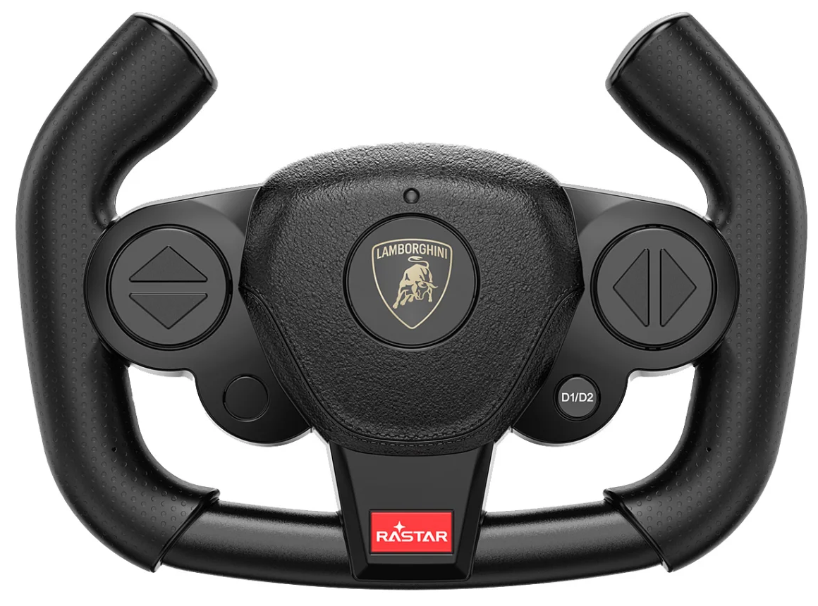 Fekete Lamborghini kormánykerék logóval. Nyílgombokkal, D1/D2 gombbal és Rastar logóval.