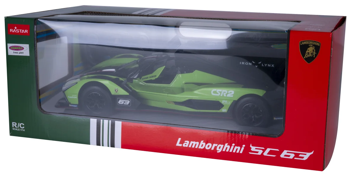 Egy zöld Lamborghini SC63 modellautó egy dobozban. A dobozon egy ablak látható, amelyen az autó és a Lamborghini logója látható.