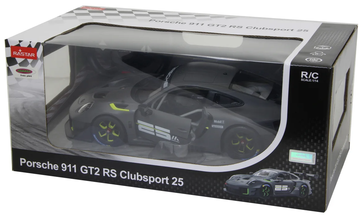Egy Porsche 911 GT2 RS Clubsport 25 játékautó dobozban. Az autó szürke, zöld díszítéssel. A dobozon szöveg és ablak látható.