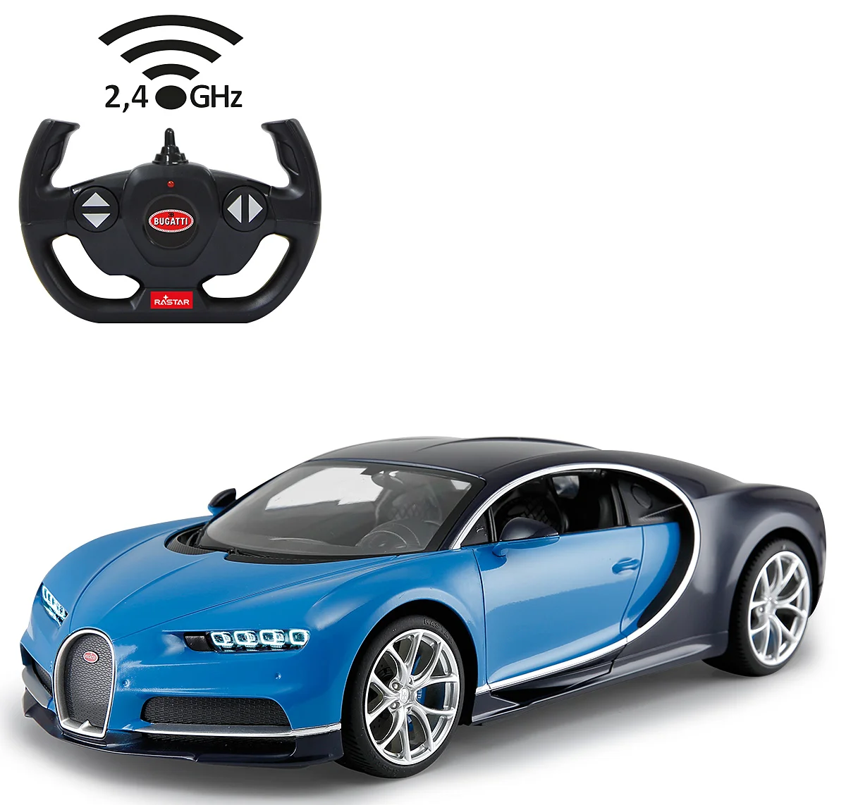 Kék-fekete Bugatti Chiron játékautó távirányítóval. Az autó fehér háttér előtt van.