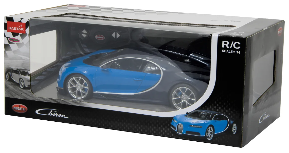 Egy kék-fekete Bugatti Chiron RC autó egy bemutató dobozban, 'RASTAR' és 'R/C' feliratokkal.