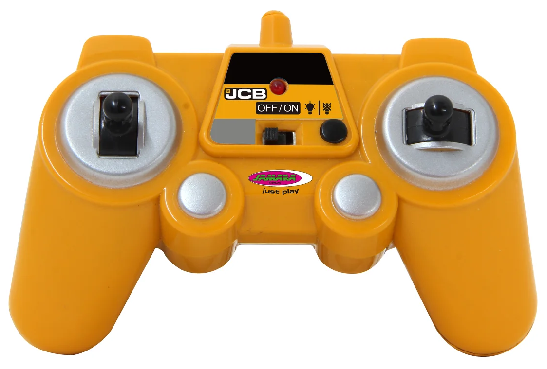 Sárga JCB játék távirányító fekete joystickokkal és gombokkal. A távirányítón van egy be/ki kapcsoló és egy logó.