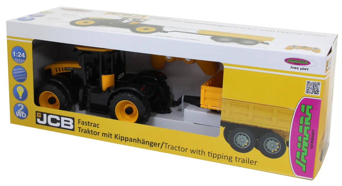 Egy játék traktor és billenős pótkocsi készlet egy dobozban. A traktor fekete és sárga, a pótkocsi sárga.