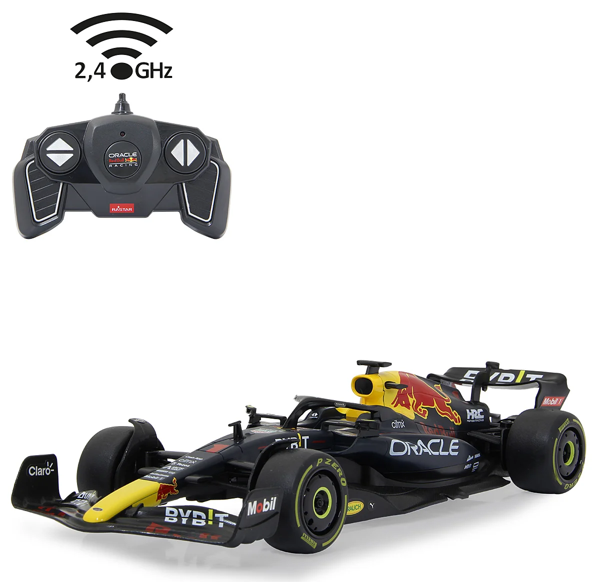 Egy fekete-piros Red Bull F1 modellautó távirányítóval, 2,4 GHz-es jellel. Az autón különböző szponzorlogók találhatók.