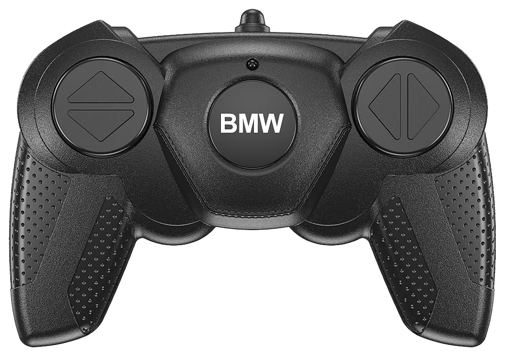 Fekete BMW távirányító. Iránygombok, BMW logó és texturált fogantyúk találhatók rajta.