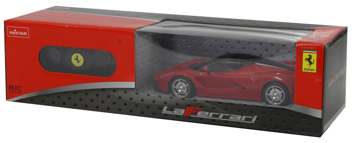 Egy piros LaFerrari modellautó egy dobozban. A dobozon van egy ablak, ami az autót mutatja. A dobozon a Ferrari logója látható.