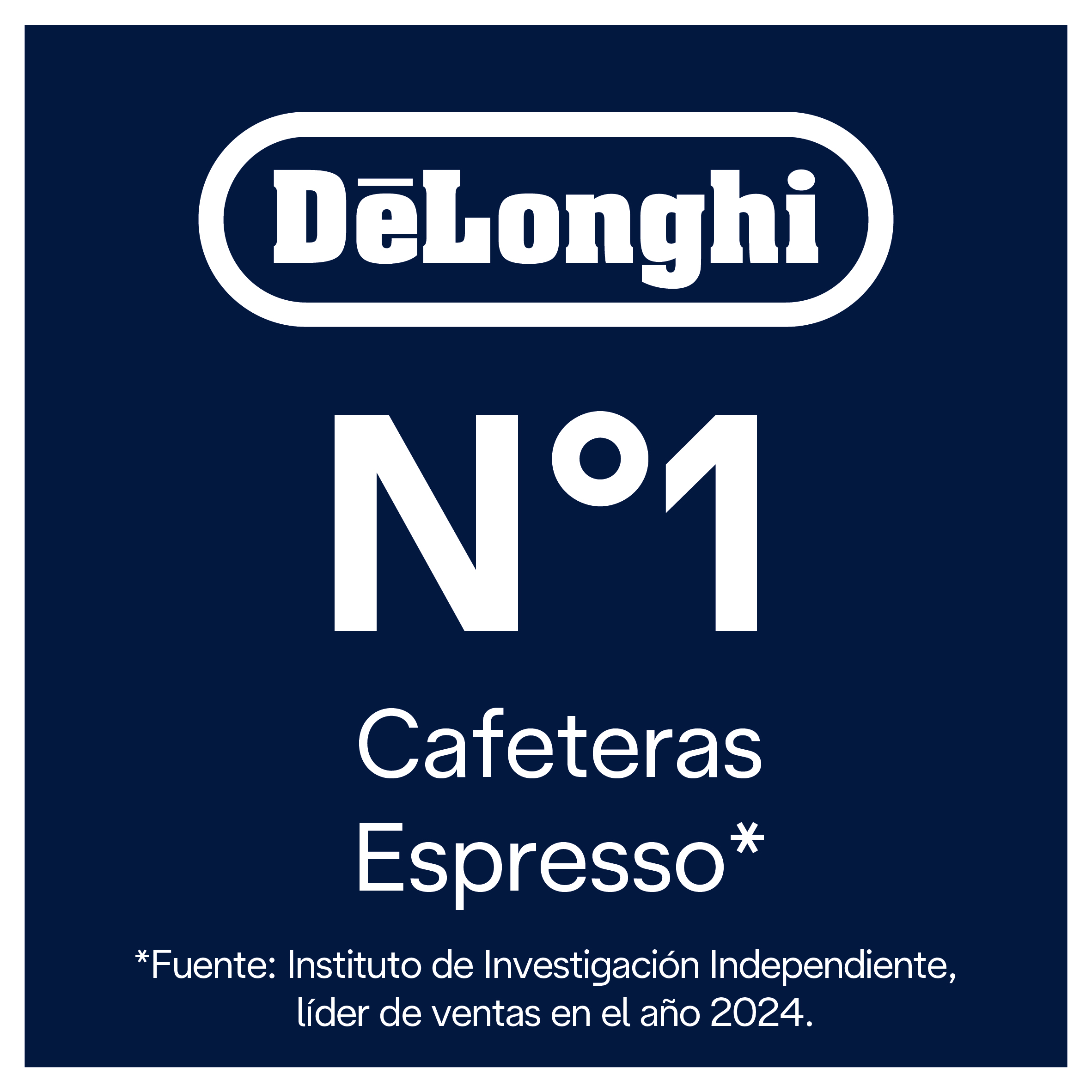 Logotipo De'Longhi con 'N°1 Cafeteras Espresso' sobre fondo azul oscuro. Fuente: instituto de investigación independiente.