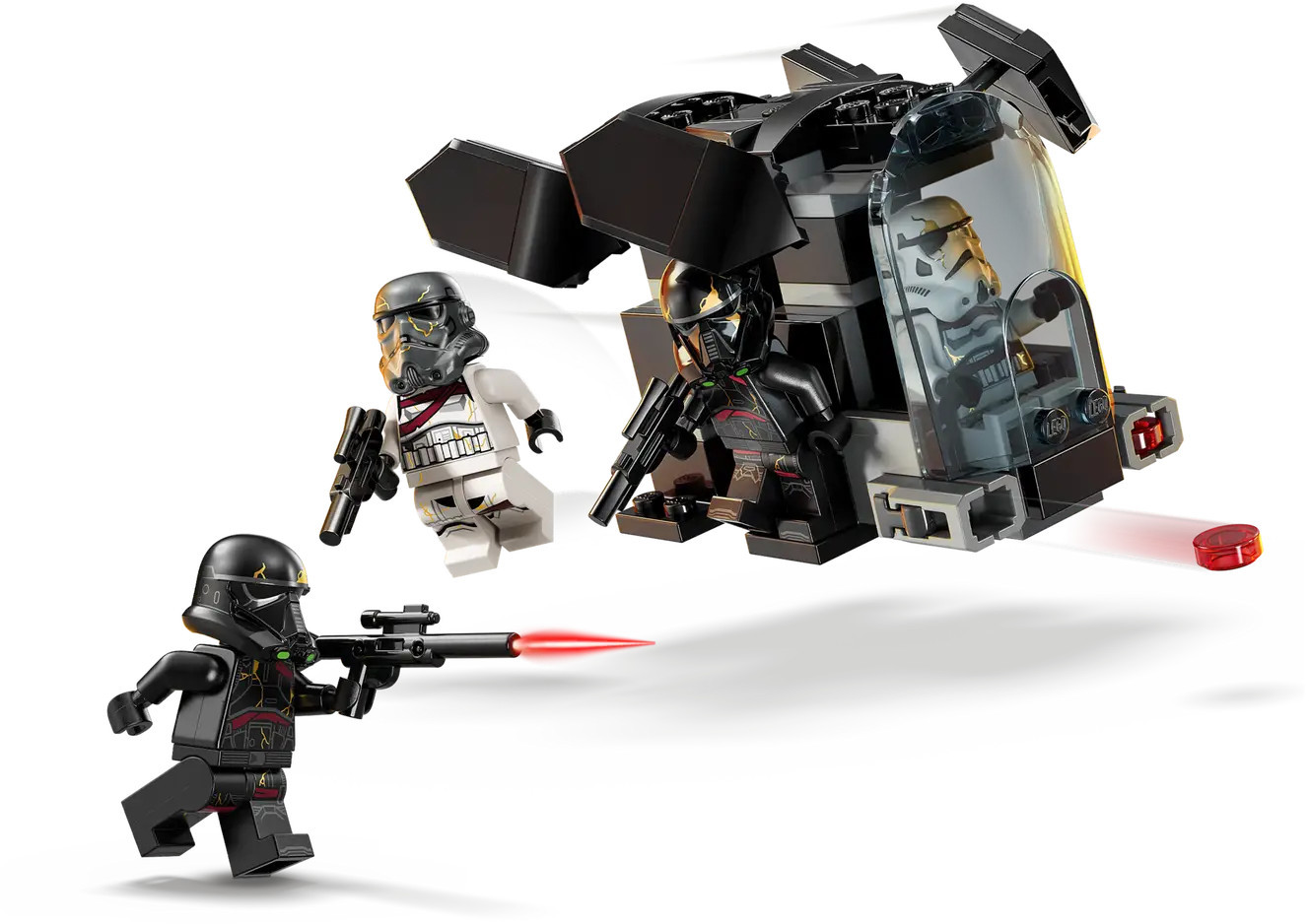 Zestaw Lego Star Wars. Czarne i białe figurki z bronią i statkiem. Jedna figurka strzela czerwonym laserem.