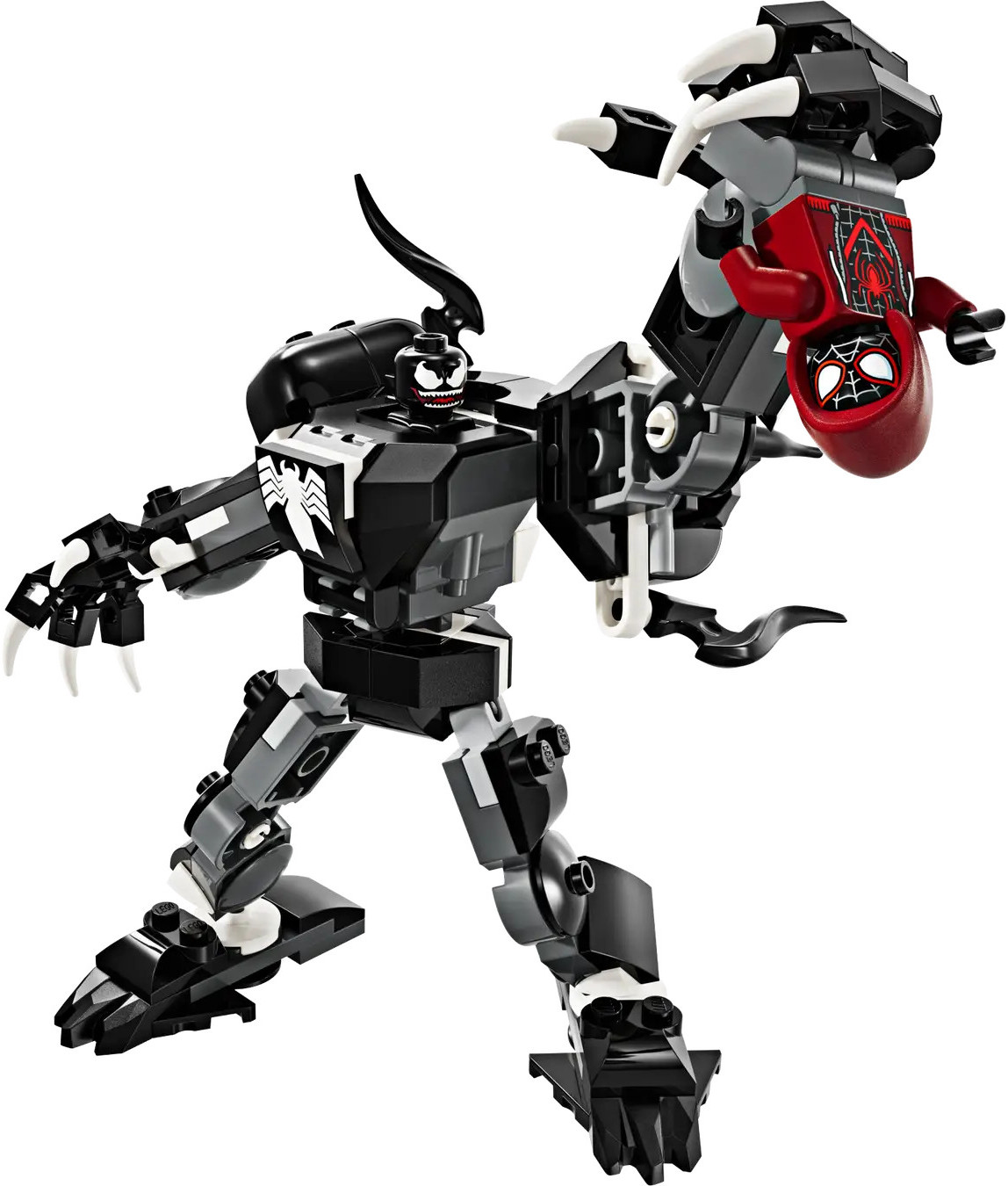 Figurka mecha Lego Venoma trzymająca figurkę Lego Spider-Mana. Mech jest czarno-biały, z ostrymi pazurami. Spider-Man jest czerwony.