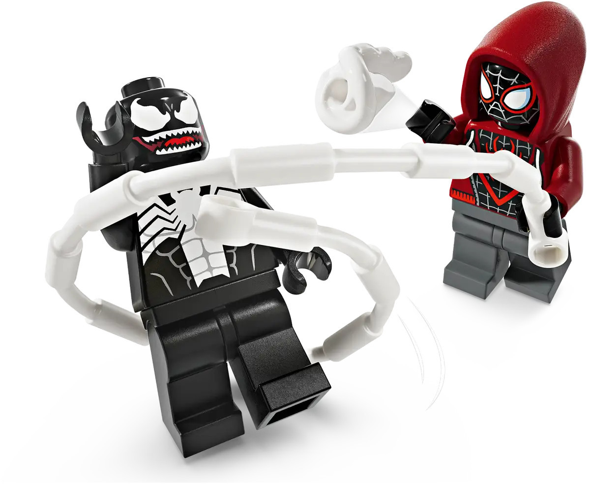 Figurki Lego Venoma i Milesa Moralesa. Venom jest czarno-biały, Miles ma czerwoną bluzę z kapturem. Białe macki łączą ich.