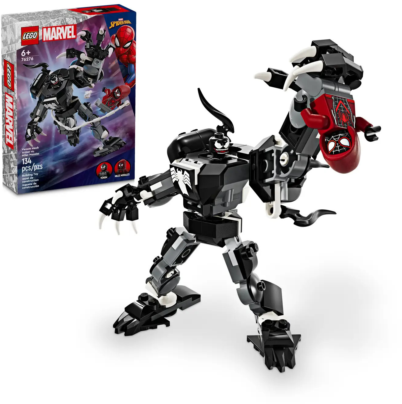Zabawka Lego Venom Mech z pudełkiem w tle. Mech jest czarno-biały, a Miles Morales również jest obecny.
