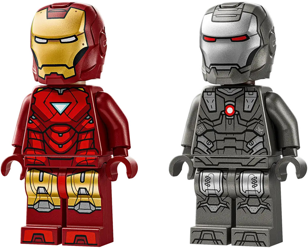 Dwie figurki Lego Iron Mana i War Machine, obok siebie. Iron Man jest czerwony i złoty; War Machine jest szary i srebrny.