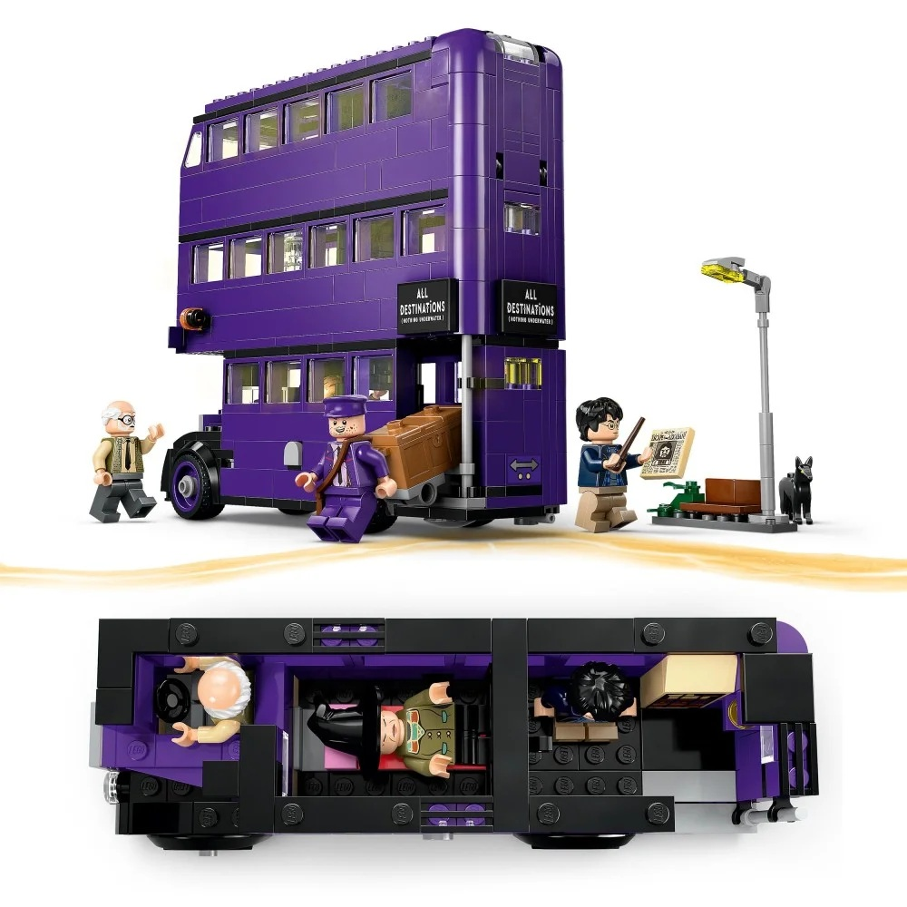 Fioletowy autobus piętrowy Lego z figurkami. Zawiera Harry'ego Pottera, konduktora i pasażerów w środku. W pobliżu stoi czarny pies.