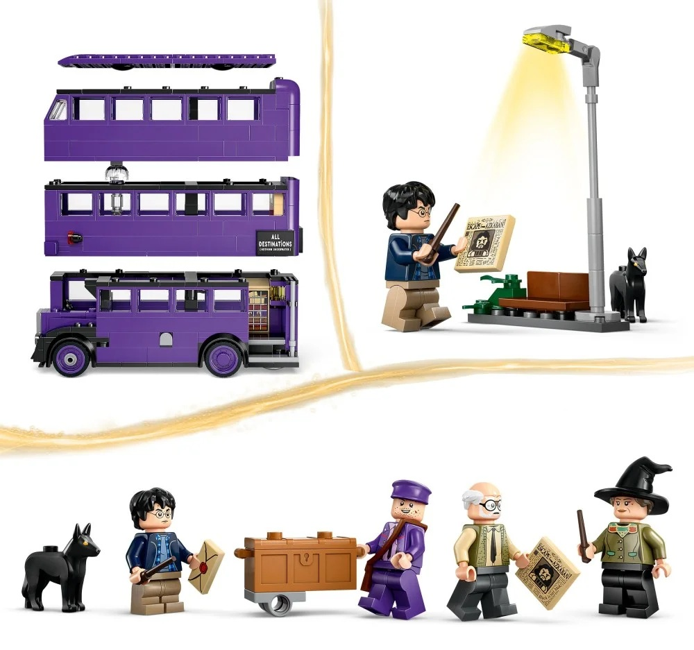 Zestaw Lego: fioletowy Knight Bus, figurki Harry'ego Pottera, czarny pies, latarnia uliczna, gazeta i brązowa skrzynia. W zestawie kilka figurek.