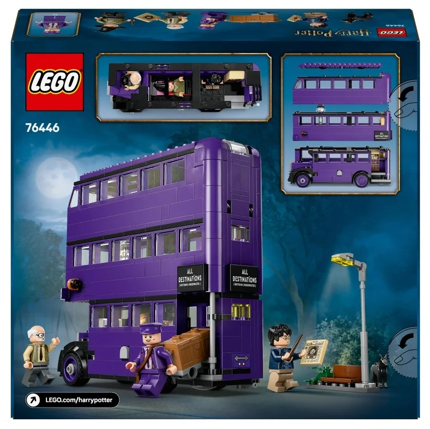 Zestaw Lego, fioletowy piętrowy autobus z figurkami. Zawiera Harry'ego Pottera, konduktora i małego psa. Tło to nocna scena.