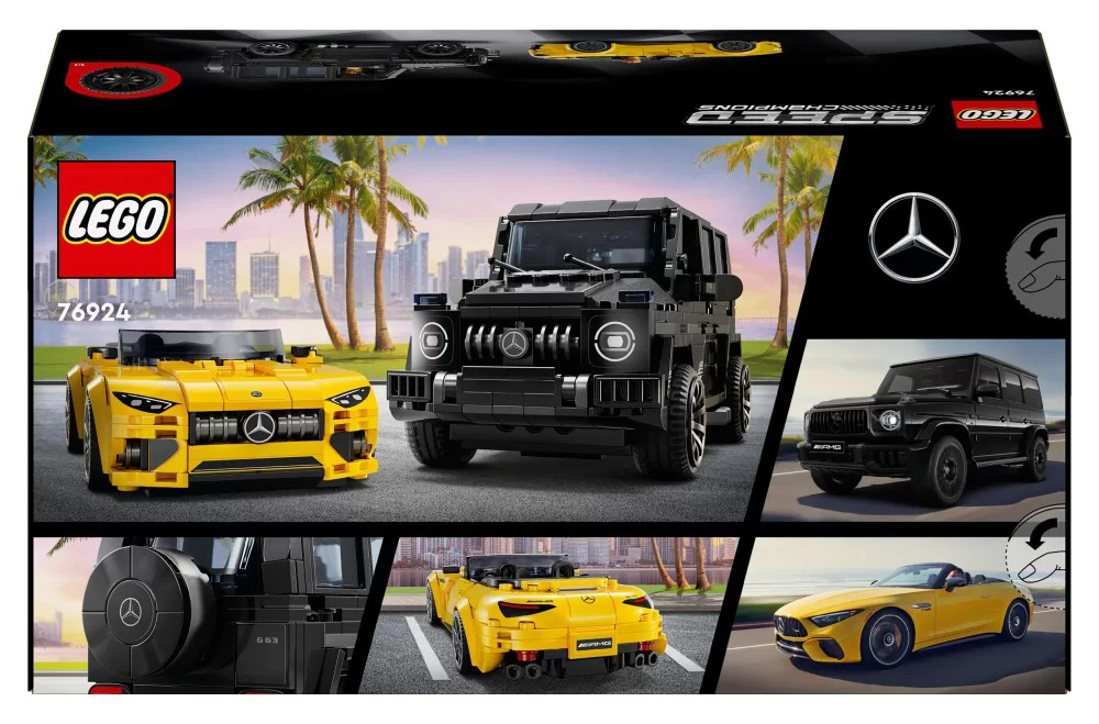 Pudełko Lego z żółtym samochodem sportowym i czarnym SUV-em. Tło przedstawia palmy i panoramę miasta.