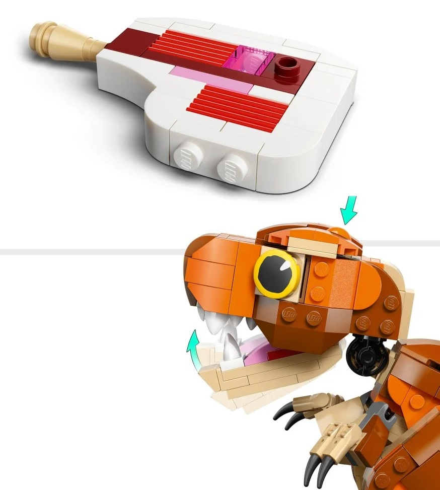 Zestaw Lego z biało-czerwoną konstrukcją i głową dinozaura. Dinozaur ma duże oko i otwartą buzię, pokazując zęby.