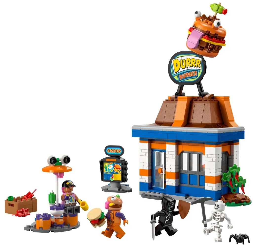 Zestaw Lego restauracji Durrr Burger z figurkami. Zawiera znak burgera, figurki szkieletu, pająka i czarnej postaci w kapturze.