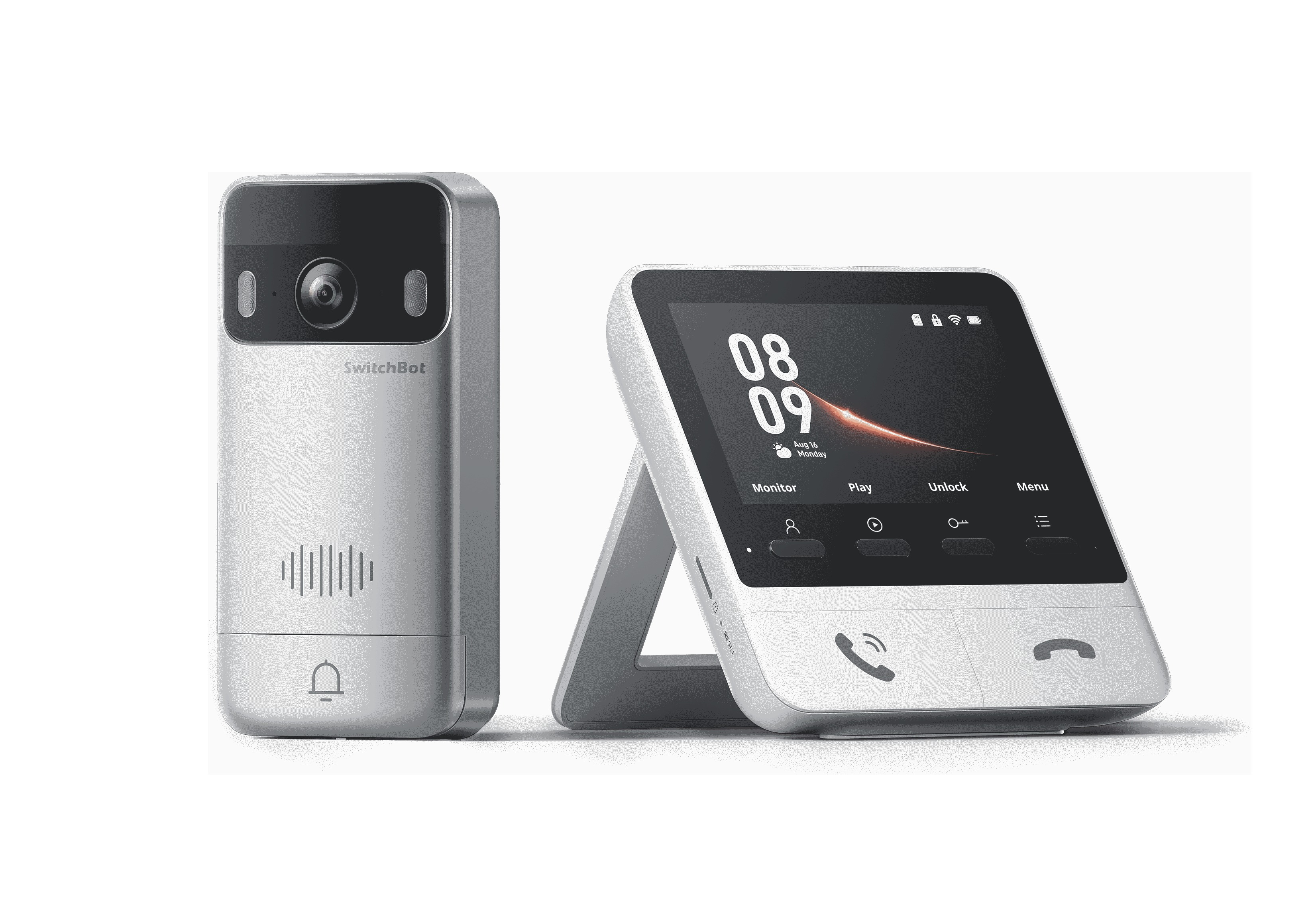Eine silberne SwitchBot-Türklingelkamera und ein weißes Touchscreen-Display mit Datum, Uhrzeit und Funktionstasten.