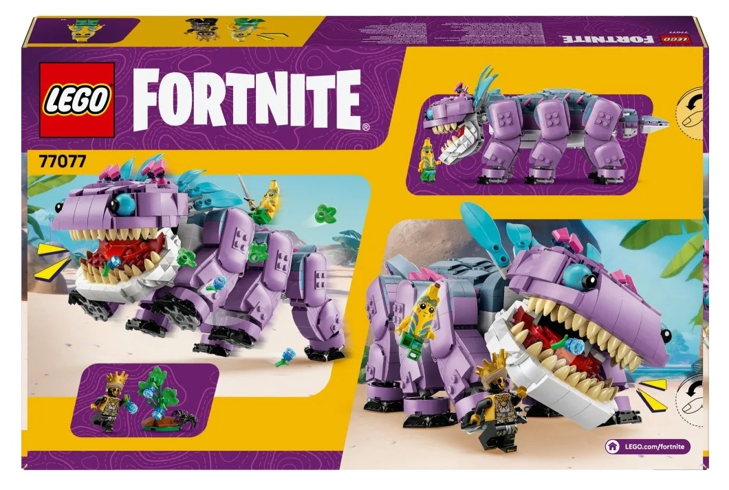 Pudełko zestawu Lego Fortnite. Fioletowy dinozaur z otwartą paszczą. Minifigurki bananów i korony. Zielone i niebieskie akcenty.