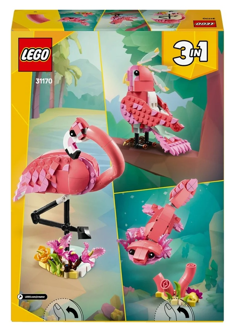 Pudełko LEGO przedstawiające trzy modele zwierząt: flaminga, ptaka i aksolotla, wszystkie wykonane z klocków LEGO, na tle tropikalnym.