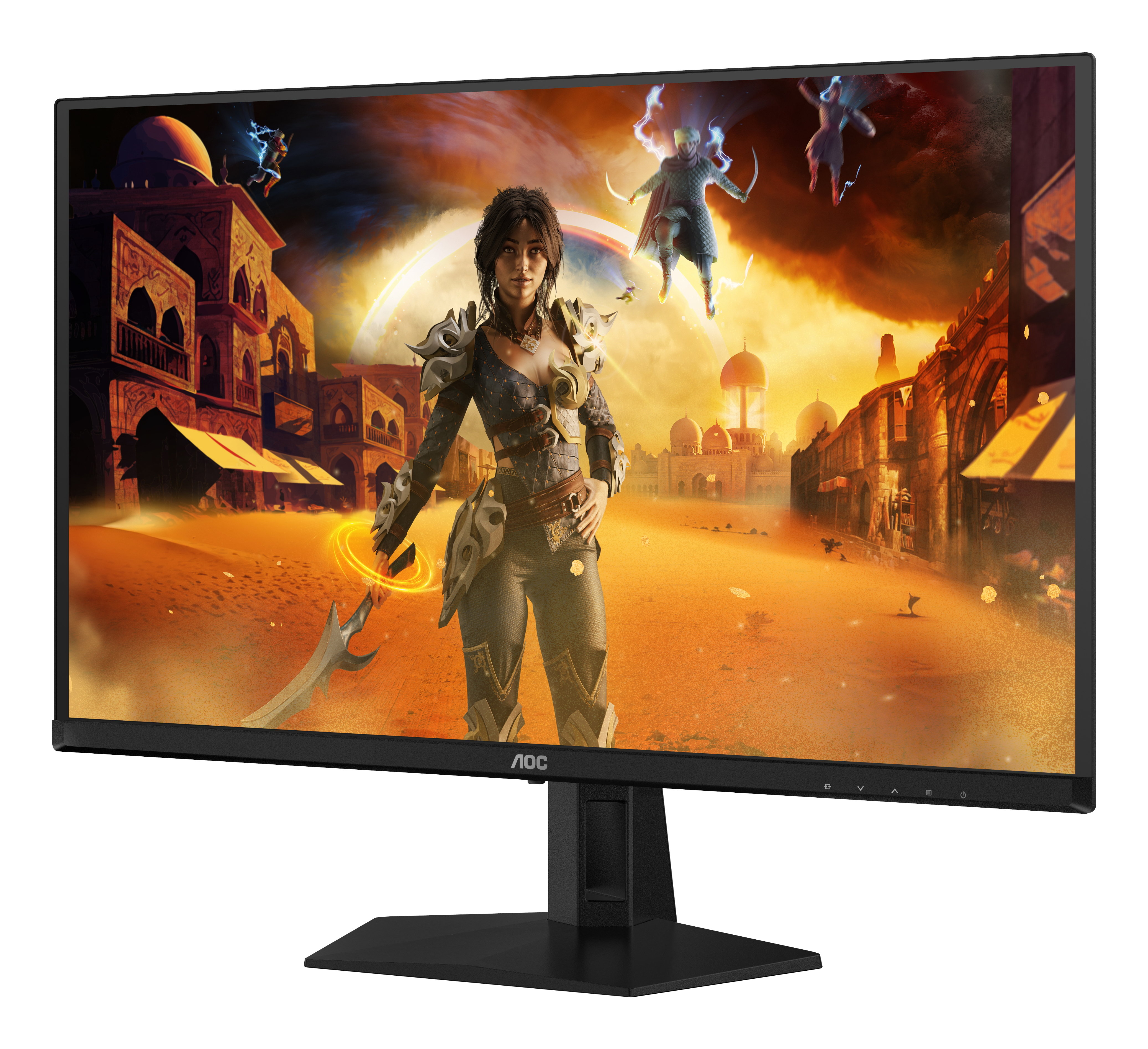 AOC-Monitor zeigt eine Wüsten-Fantasieszene mit einer Kriegerin, Gebäuden und Figuren mit Blitzen.