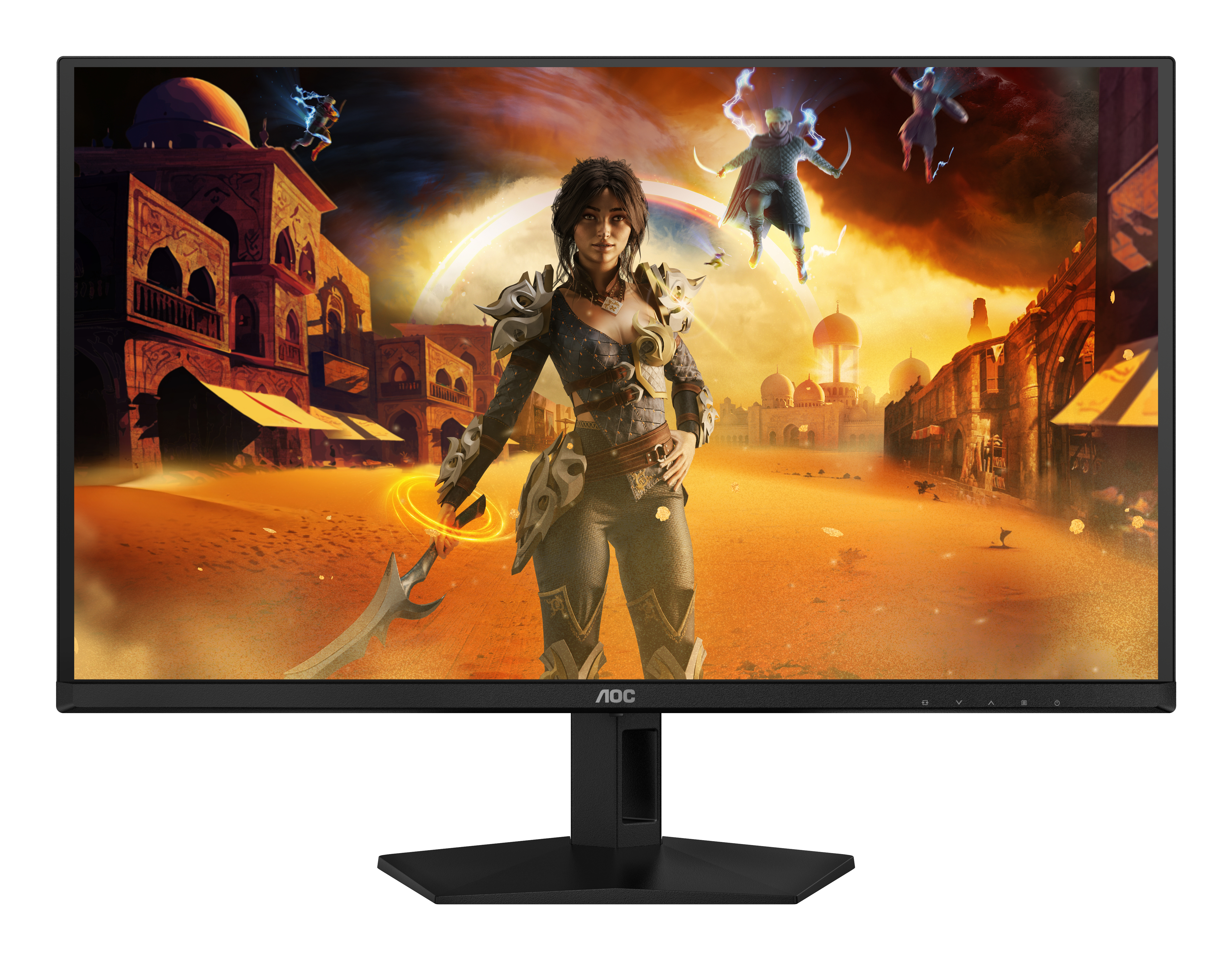 Fantasieszene auf einem Monitor. Eine Frau mit Schwert steht vor einer Stadt mit Figuren am Himmel.