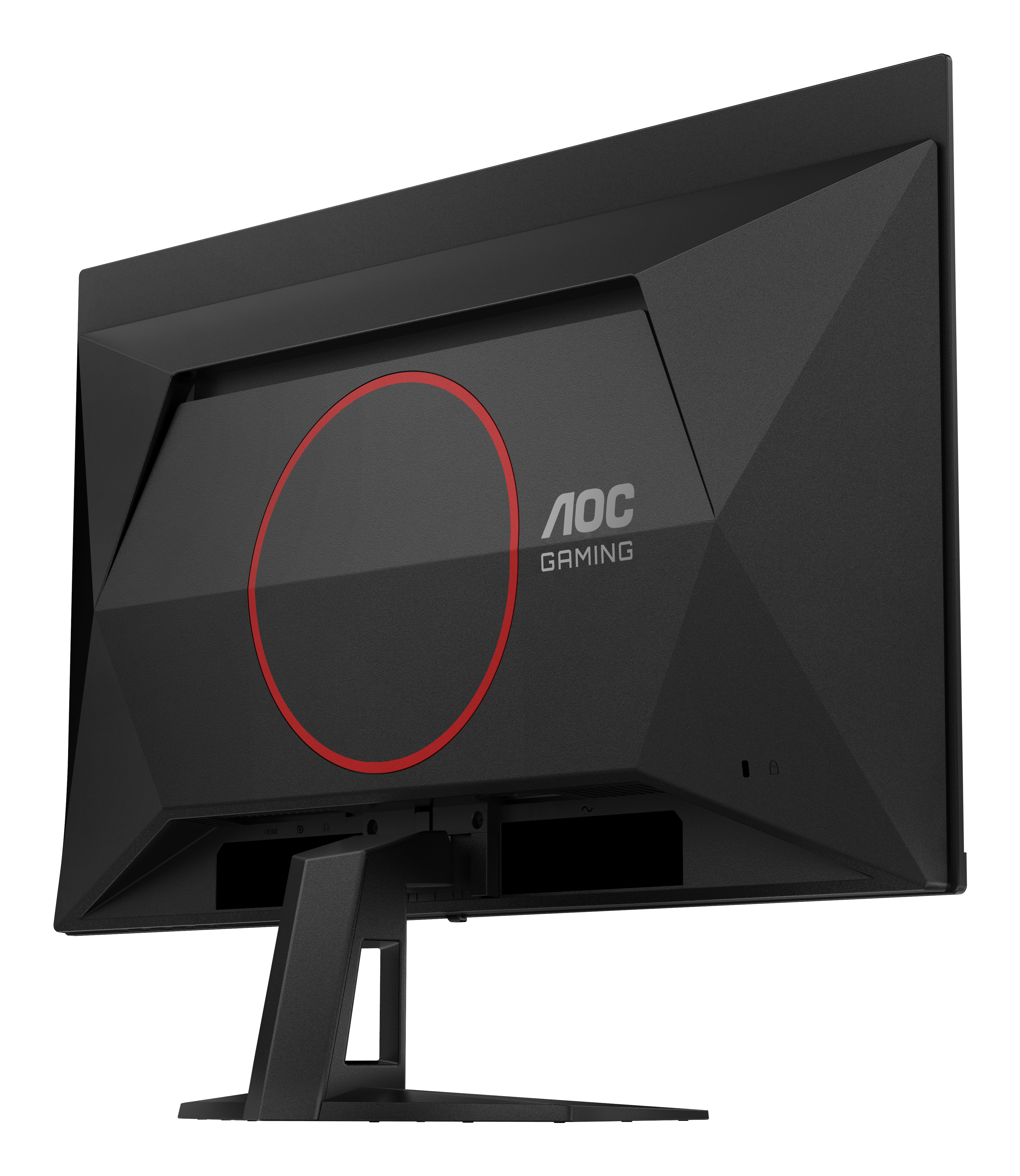 Rückseite eines schwarzen AOC-Gaming-Monitors. Es hat einen roten Kreis und das Logo der Marke. Der Monitor steht auf einem Ständer.