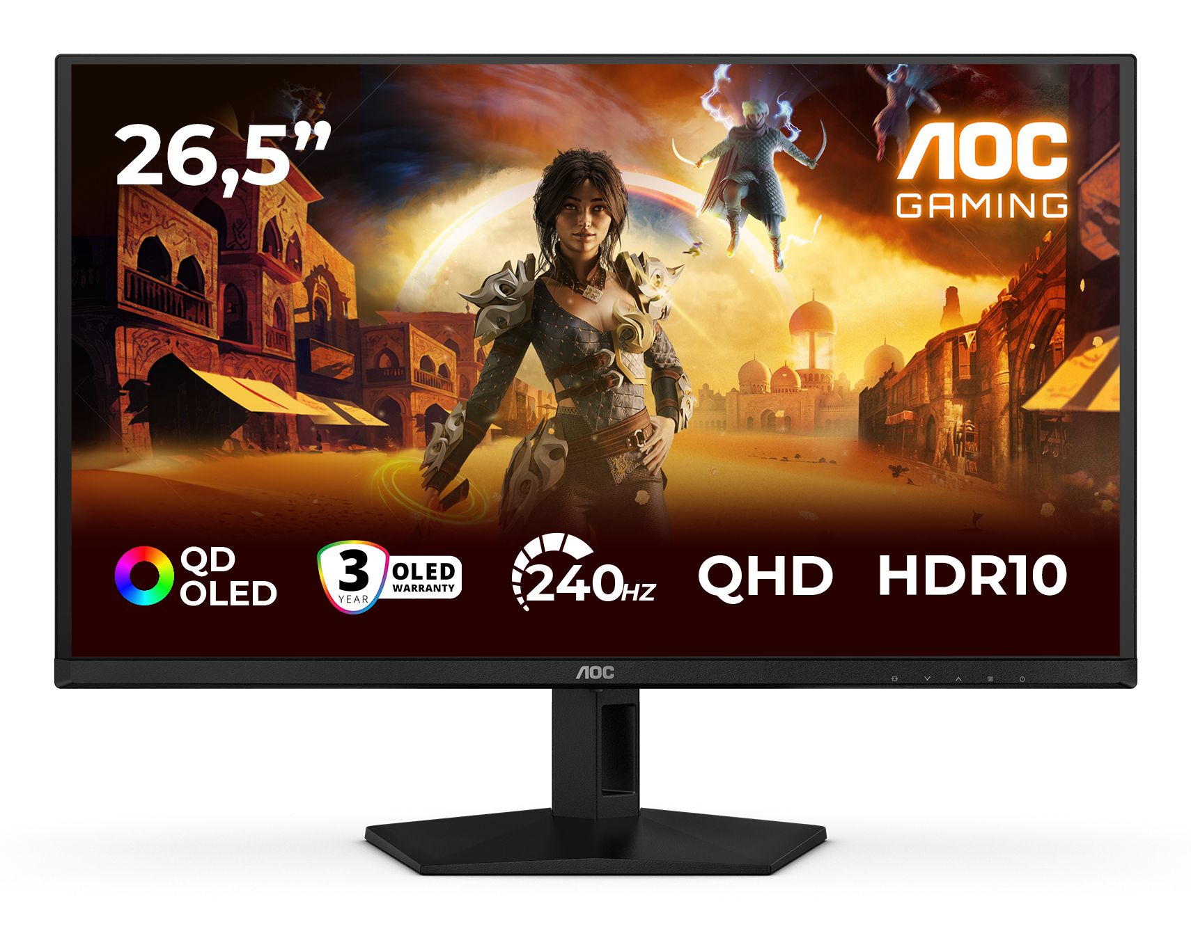 AOC-Gaming-Monitor. Zeigt eine Fantasieszene mit einer Kriegerin, Gebäuden und Charakteren. Merkmale: 26,5", QD OLED, 240 Hz, QHD HDR10.