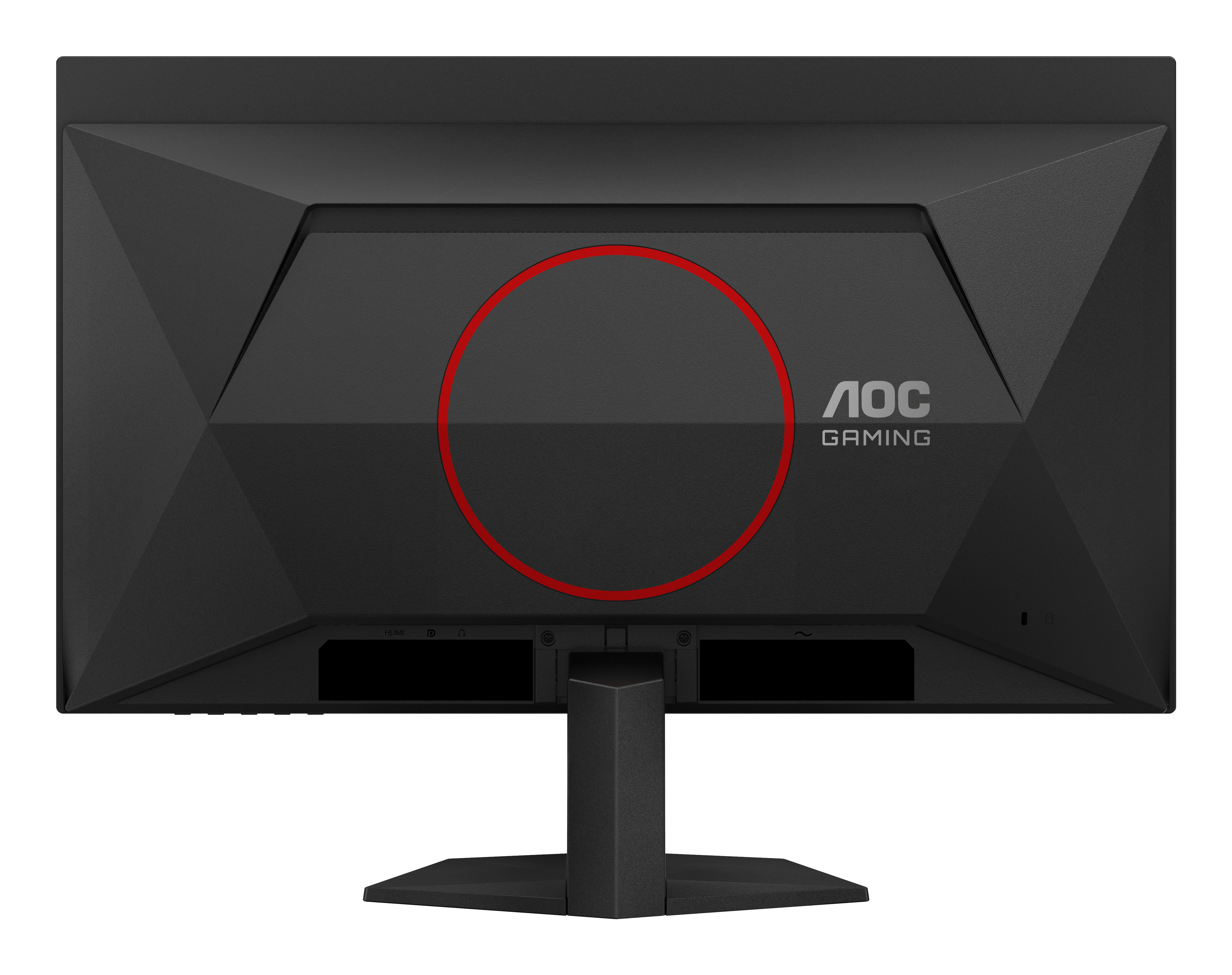 Rückseite eines schwarzen AOC-Gaming-Monitors. Es hat einen roten Kreis und das Markenlogo.